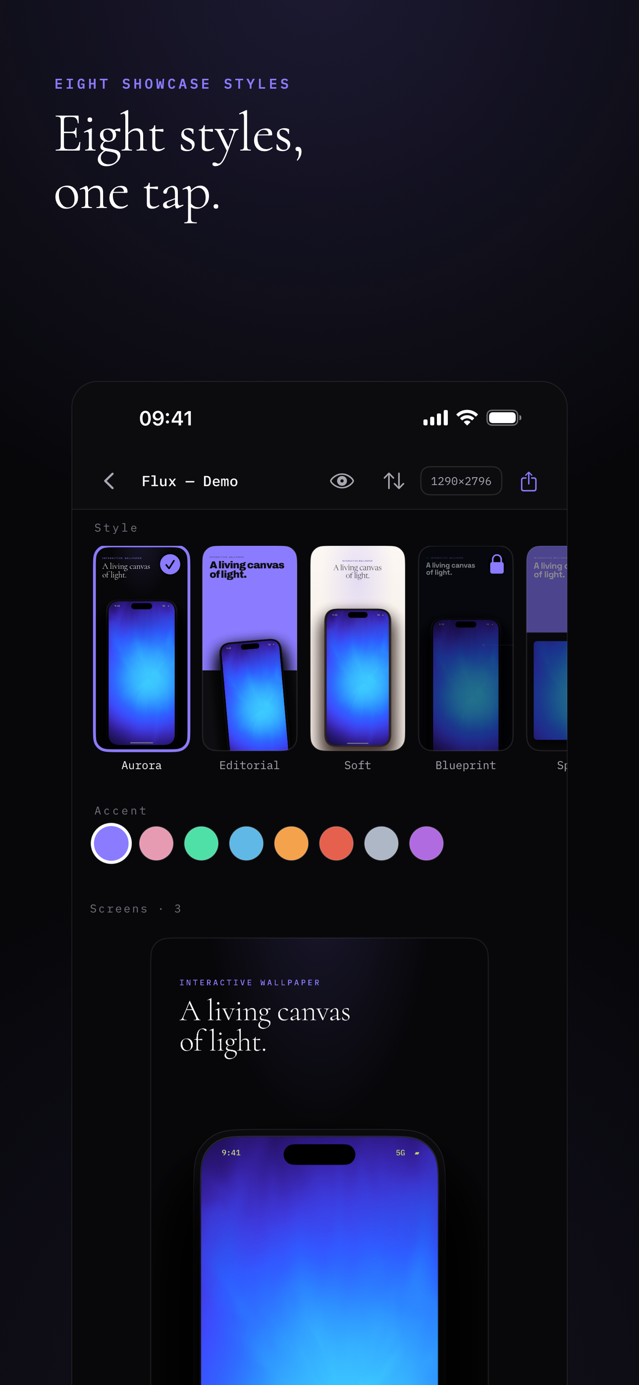 Marquee editor showing eight showcase styles